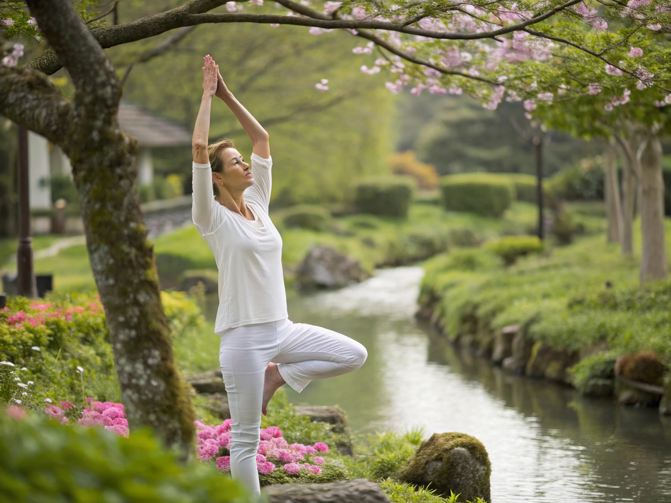 Kvinna som utför yoga pose i lugn miljö